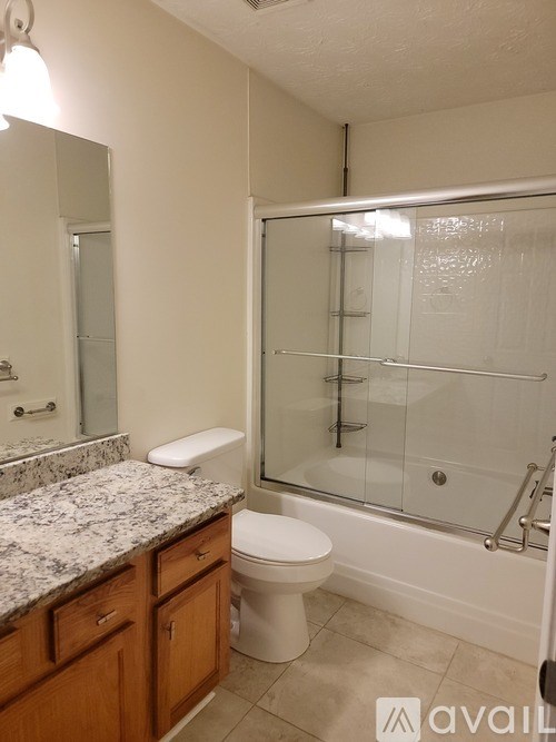 A bathroom with a marble countertop and a walk-in shower.