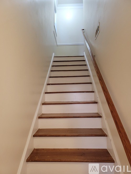 A staircase with wooden steps and white risers.