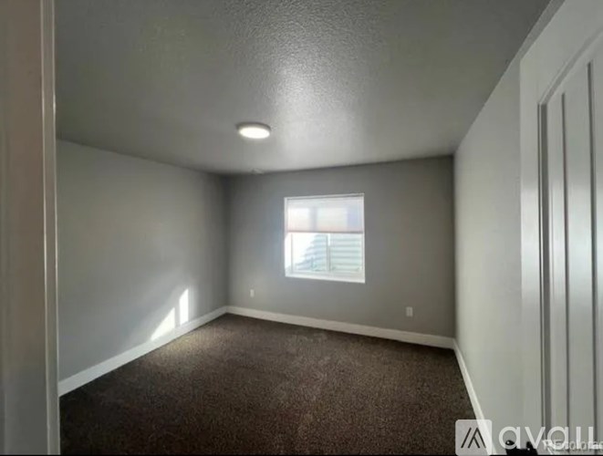 A room with a carpeted floor and a window.
