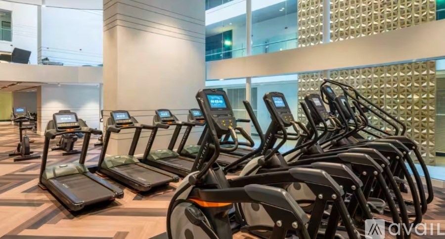 A row of treadmills are lined up in a gym.