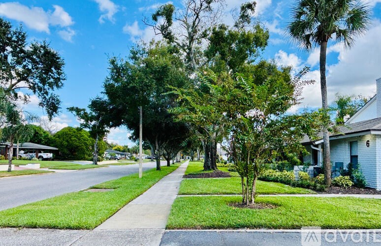 A tree in front of a house on a sunny day.