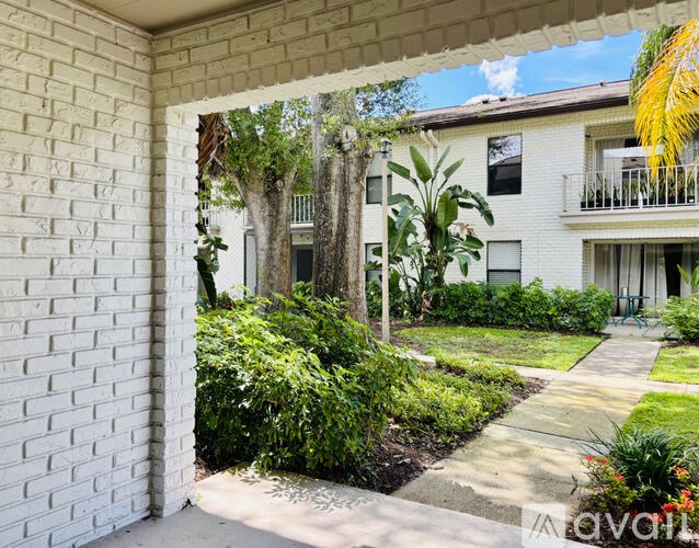 A view of a courtyard with a tree, plants and a building in the background.