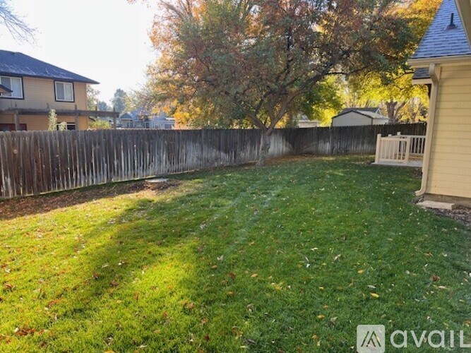 A backyard with a wooden fence and a green lawn.