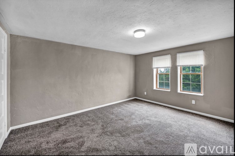 A room with grey carpet and two windows with white frames.