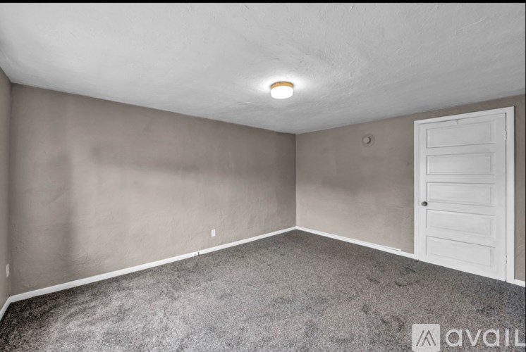 A room with a carpeted floor and a white door.