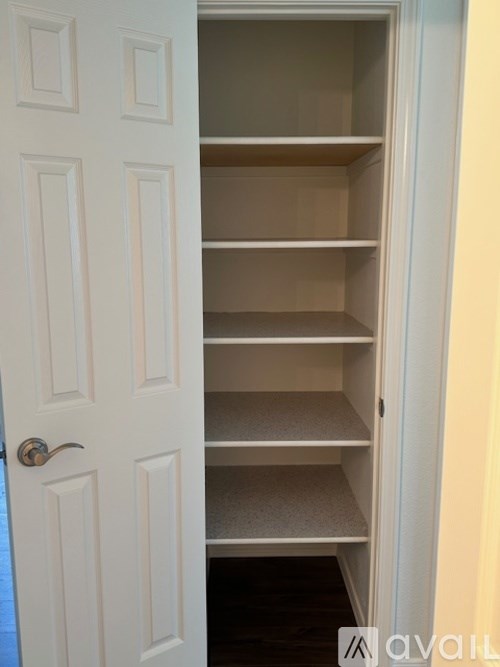 A white door with a handle is open to a hallway with shelves.