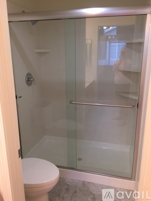 A person is taking a picture of a bathroom with a toilet and a glass shower door.