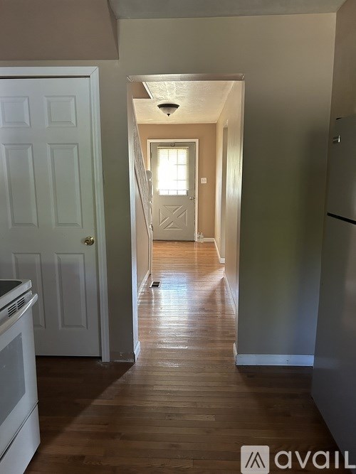 A hallway with a white door and a light on the ceiling.