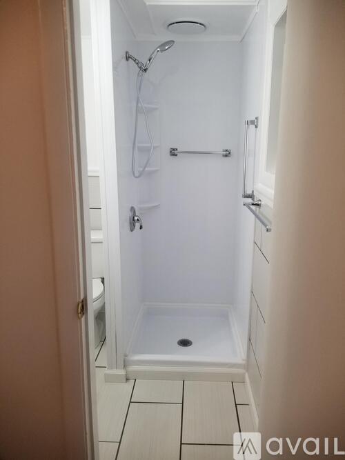 A small white bathroom with a walk in shower.