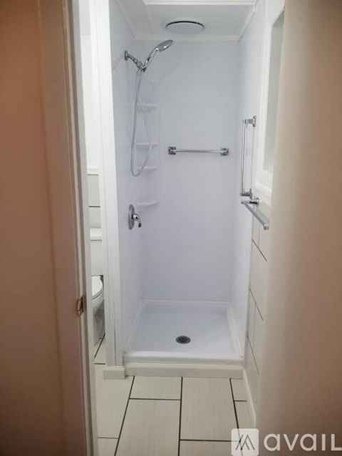 A small white bathroom with a walk in shower.
