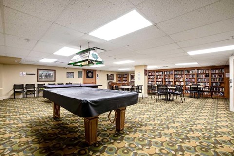 A billiard table in a library with a pool table cover.