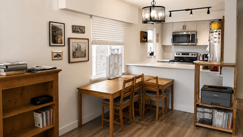 A kitchen area with a table and chairs.