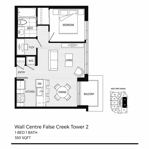 A floor plan of a one bedroom apartment with one bathroom.