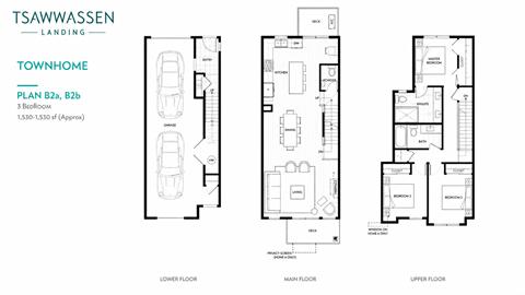 A floor plan for a townhome with three bedrooms and two bathrooms is shown.