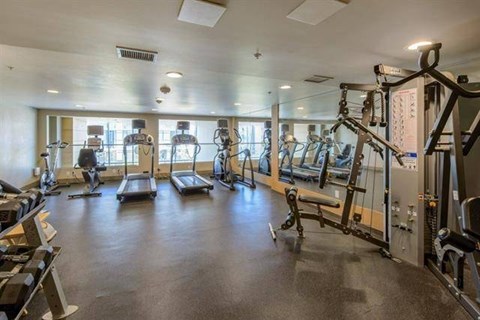 A spacious gym with various exercise equipment and mirrors.