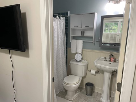 A bathroom with a toilet, sink, and a mirror.
