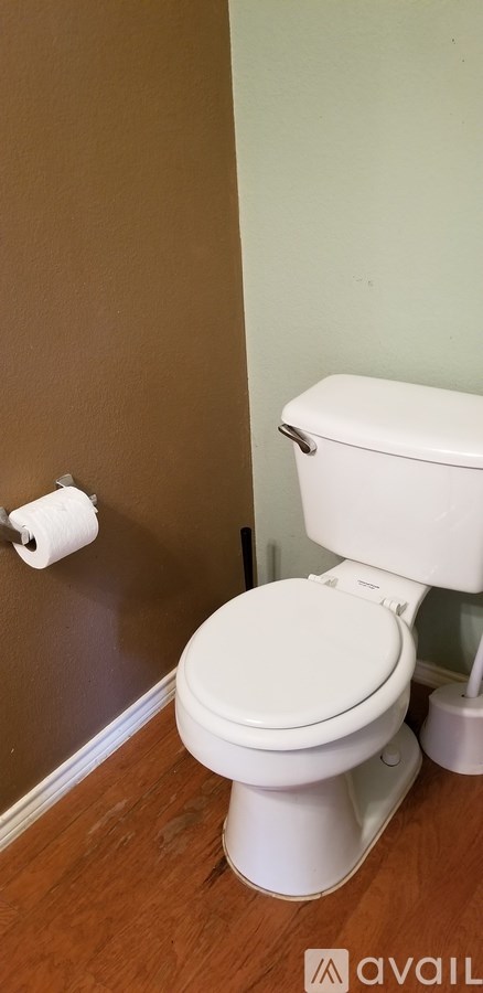 A white toilet in a bathroom with brown walls.