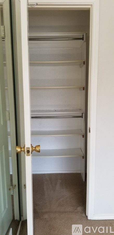 Empty white shelves in a white closet.