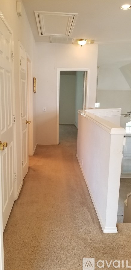A hallway with a white door and carpeted floor.
