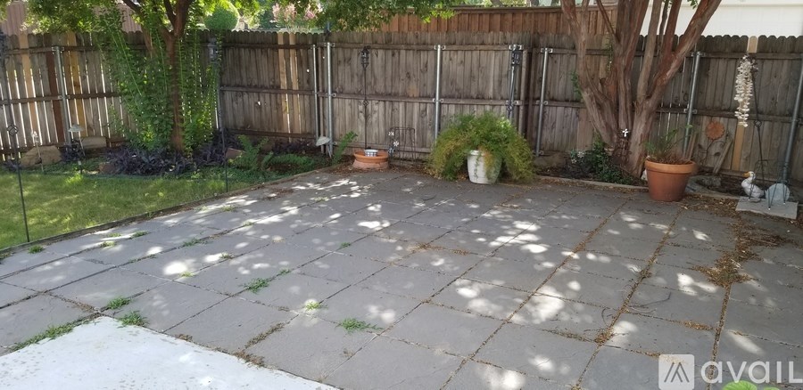 A backyard with a wooden fence and a tree.