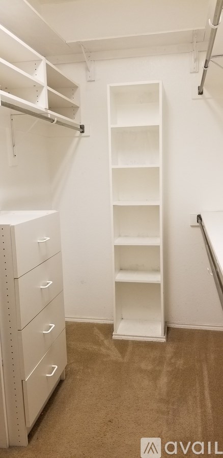 A white closet with a carpeted floor and a white shelving unit.