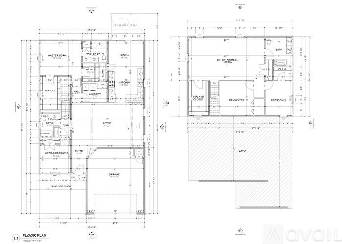 A floor plan and elevation drawing of a building with various rooms and measurements.