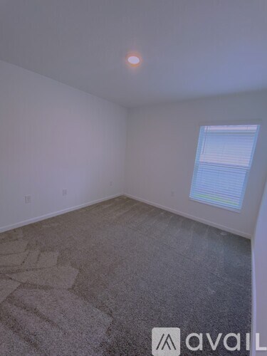 A carpeted room with a window and a light on the ceiling.