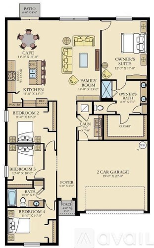 A floor plan of a house with a garage and four bedrooms.