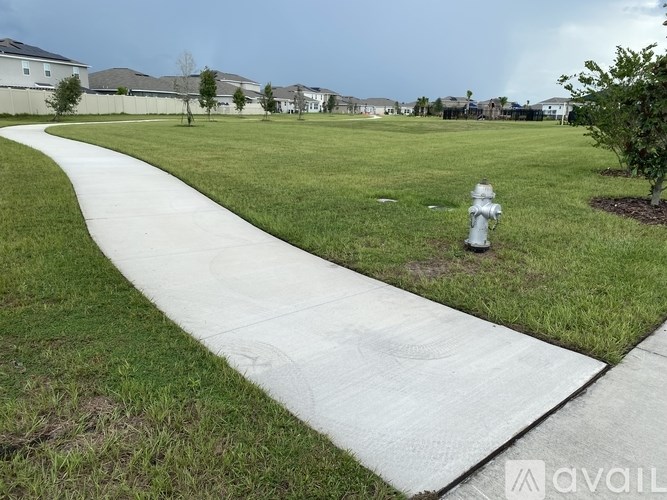 A white concrete pathway leads through a grassy area with a fire hydrant on the right side.