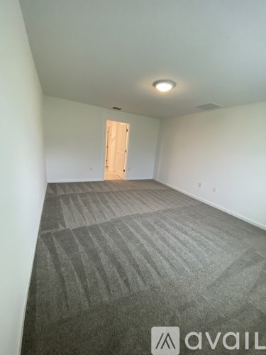 A room with a carpeted floor and a door in the middle.