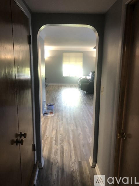 A hallway with a door on the left and a living room with a couch and a lamp in the distance.