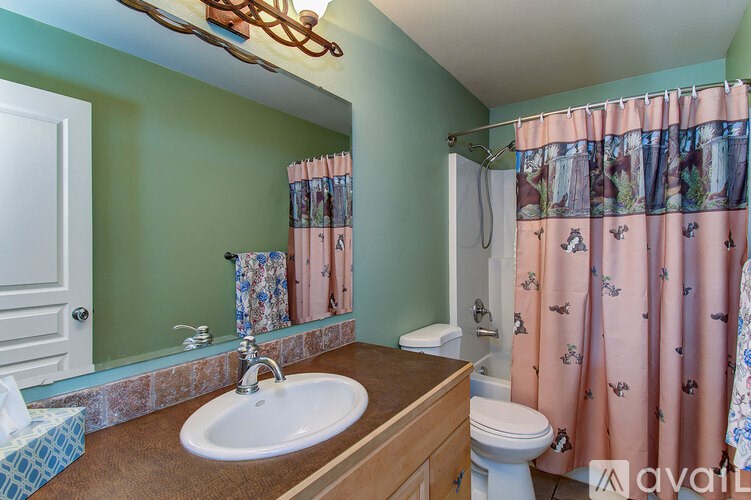 A bathroom with a sink, toilet, and shower curtain.