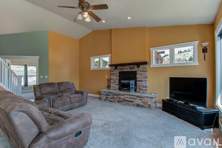 A living room with a fireplace and a television.
