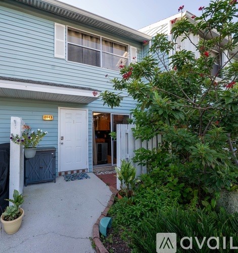 A blue house with a white door and window.