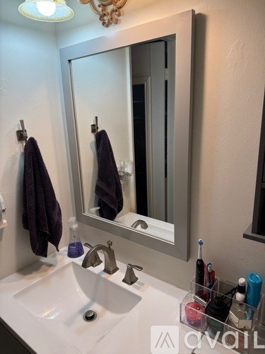 A bathroom with a white sink and a mirror above it.