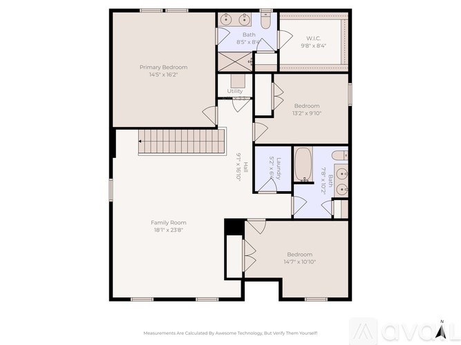 A floor plan of a house with a primary bedroom, a bath, a utility room, a family room, and two bedrooms.