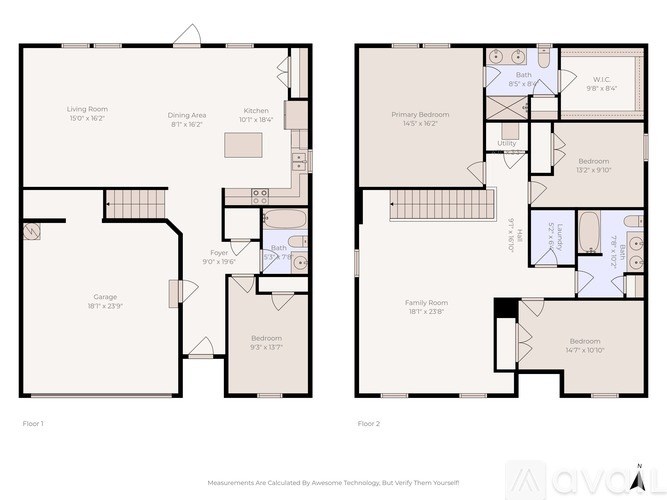 A floor plan of a two-story house with labeled rooms and dimensions.