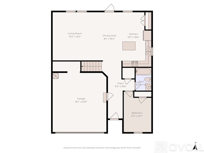 A floor plan of a house with a living room, dining area, kitchen, foyer, bathroom, and bedroom.