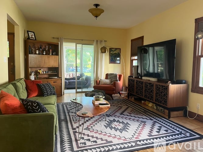 A living room with a green couch and a patterned rug.