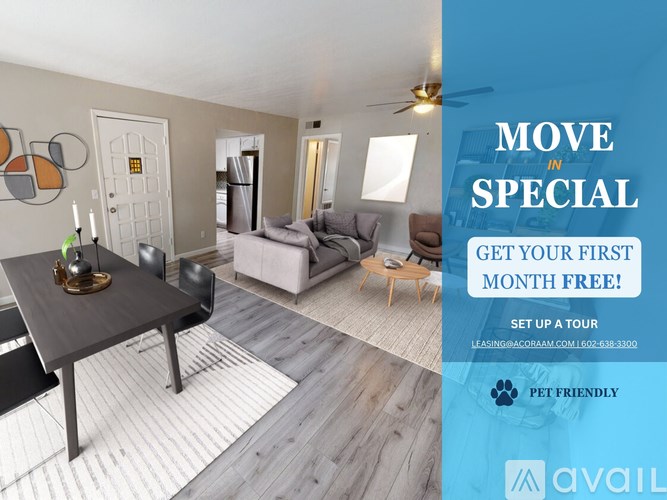 A room with a dining table and chairs is on display for a special move in offer.