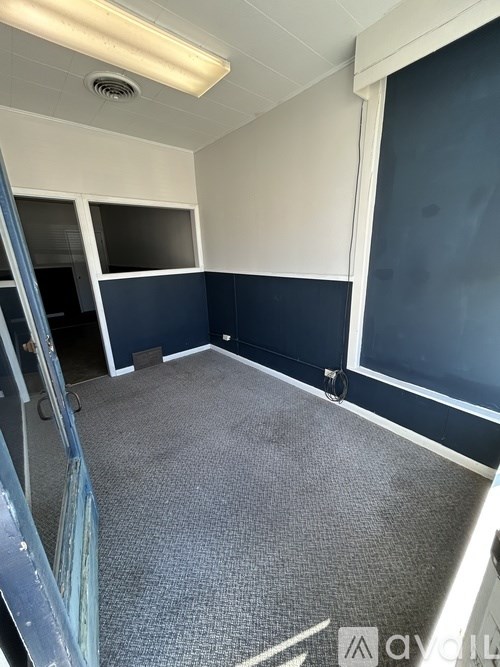 A room with a grey carpet and blue walls.