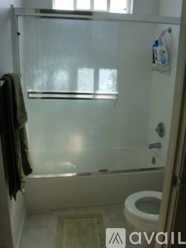 A bathroom with a toilet, a glass shower door, and a towel hanging on the door.