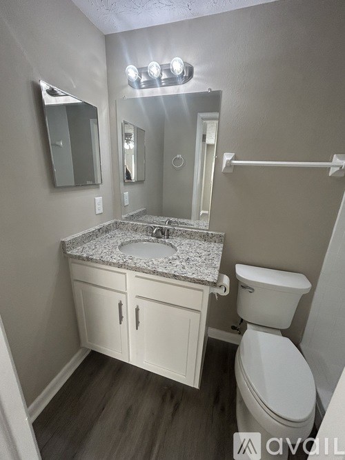 A bathroom with a toilet, sink, and mirror.