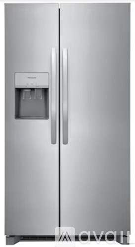 A silver fridge with a water and ice maker on the left side.