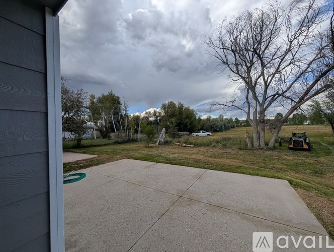 A view from a house looking out to a yard with a tree and a vehicle in the distance.