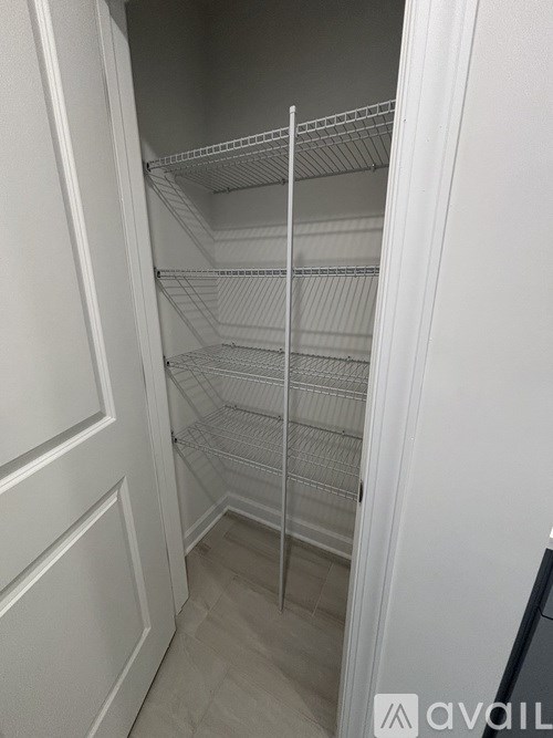 Empty white shelves in a white pantry.