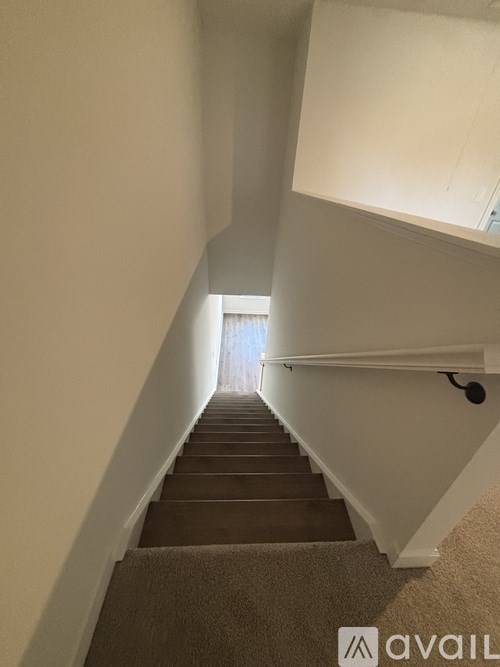 A stairway with a carpeted runner and white walls.