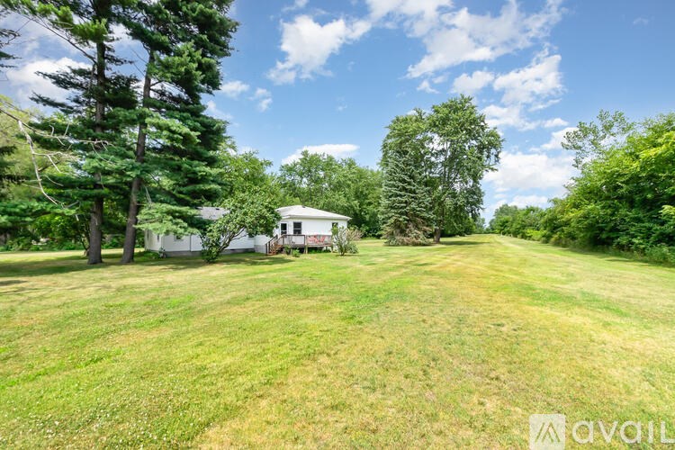 A house is surrounded by trees and grass in a sunny day.