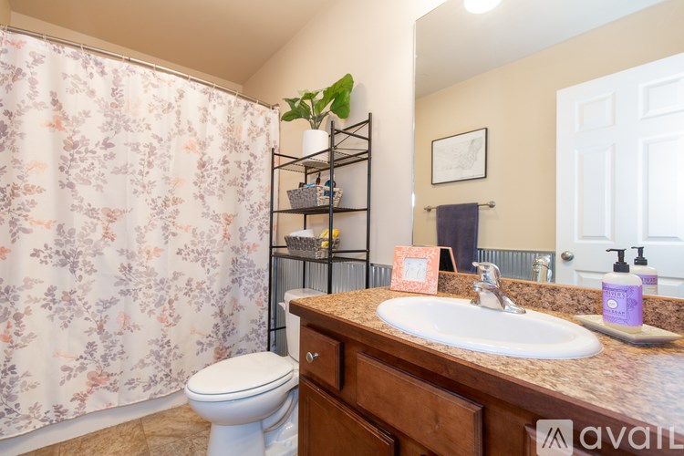 A bathroom with a floral shower curtain and a white toilet.