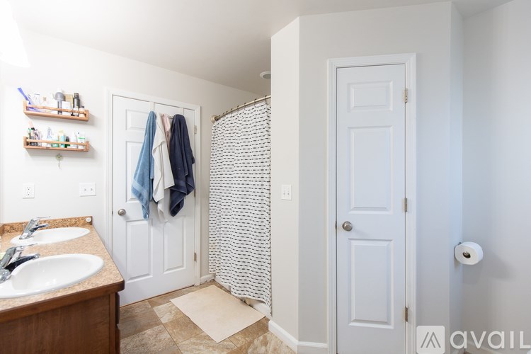 A bathroom with a sink, toilet paper, and a shower curtain.